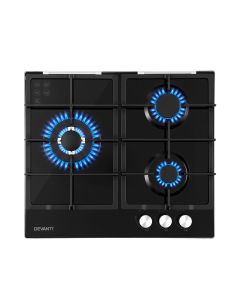 Devanti 59cm Gas Cooktop 3 Burner Knob Control Glass Hob Cast Iron Black