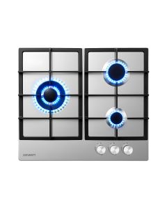 Devanti 59cm Gas Cooktop 3 Burner Knob Control Stainless Steel Hob Silver