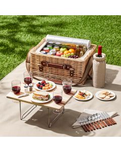 Alfresco 4 Person Insulated Picnic Basket Set with Foldable Wood Table Mat