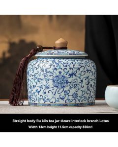 Ru Kiln tea jar, blue-and-white ceramic canister, airtight tea storage, floral tea container, Australian tea accessory - Cyan - Size 7