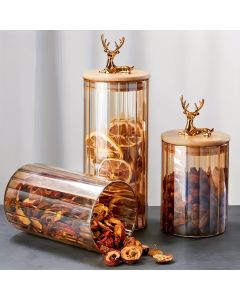 deer head storage jars, food grade canisters, coffee bean container, airtight cereal jar, grain storage set, decorative kitchen jars, pantry organization, glass canisters with lids, wooden lid jars - Clear - Size 3PCS