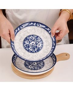 blue-and-white porcelain plate, 8.2-inch ceramic plate, floral design plate, microwave safe plate, Chinese style plate, festive dining plate, traditional Chinese porcelain, round ceramic plate, gift idea, elegant tableware - Cyan - Size 4pcs