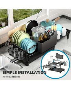 extendable dish drying rack, rust proof dish rack, auto drain dish rack, utensil and cup holder, kitchen counter dish rack, Australian kitchen, drying rack with tray - Black - Size Black