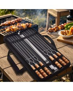 BBQ skewer set, outdoor barbecue Australia, stainless steel skewers, wooden handle skewers, portable skewer set, kebab sticks, grilling accessories