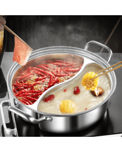 Silver double-layer hot pot, stainless steel hot pot, multi-flavor hot pot, kitchen utensil, durable hot pot, induction compatible hot pot, family dining gift