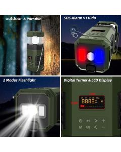 AM FM radio, NOAA weather alert radio, hand crank emergency radio, solar camping light, Bluetooth speaker radio, portable phone charger radio, outdoor survival radio, camping radio Australia, disaster preparedness radio, rechargeable weather radio - Green
