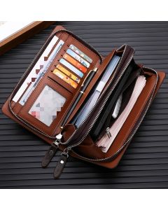 men's business clutch, double zipper handbag, large capacity phone bag, men's accessories, leather clutch bag, business travel wallet, minimalist clutch - Brown2 - Size L