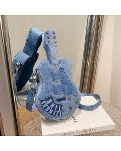 Denim Guitar Bag Cross-Body Bag Women Guitar-Shaped Purse Niche Denim Accessory - Denim blue - Size Universal