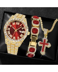 Men'S Watch Set Luxury Men'S Watch Artificial Gemstone Bracelet Cross Necklace - Blue - Size 1
