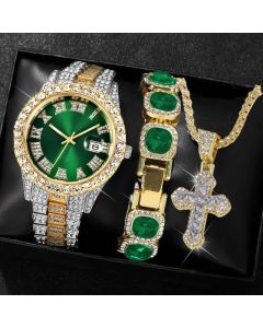 Men'S Watch Set Luxury Men'S Watch Artificial Gemstone Bracelet Cross Necklace - Red - Size 1