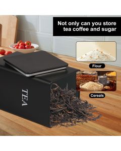 3Pcs Tea Coffee Sugar Canisters Set, Metal Coffee and Sugar Containers, Versatile Kitchen Storage Jars with Airtight Lids, Space Saving Food Canisters Set for Home Kitchen (Black)