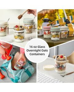 4-Pack 16oz Glass Overnight Oats Jars with Lids & Spoons, Airtight Mason Jars for Yogurt, Salad, Fruit, Meal Prep, Leak-Proof & Portable (Multicolor)