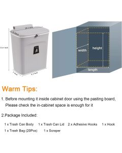 Hanging Kitchen Compost Bin with Lid for Cabinet Door or Wall, No-Drill Adhesive Mount, Odor-Proof & Space-Saving (Grey)