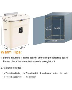 Hanging Kitchen Compost Bin with Lid for Cabinet Door or Wall, No-Drill Adhesive Mount, Odor-Proof & Space-Saving (Beige)