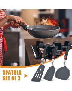 3-Piece Silicone Spatula Set with Stainless Steel Core, 600°F Heat Resistant Turner for Nonstick Cookware, Flexible Kitchen Utensils for Eggs, Fish, Pancakes, Burgers (Black)