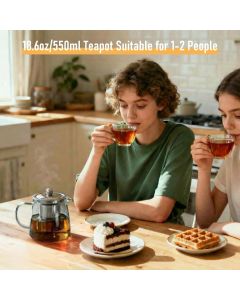 Glass Teapot with Removable Stainless Steel Infuser, Heat-Resistant Body, Secure Lid, and Ergonomic Handle—Ideal for Loose Leaf, Flower, Herbal, and Bagged Teas—Compact Design for Home, Office, or Travel Use (Silver)