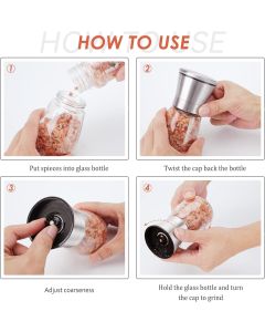 2-Pack Manual Spice Grinders with Adjustable Coarseness, Clear Glass Bodies, Ceramic Grinding Mechanism, and Brushed Stainless Steel Tops—Refillable for Salt, Pepper, Cumin, Herbs, and More—Elegant Kitchen Essentials (Silver)