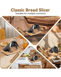Manual Bread Slicer with Adjustable Thickness, Hand Crank Slicer for Homemade Sourdough, 304 Stainless Steel Blade, Wood Base, for Home & Bakery (Black)