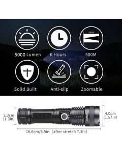 LED Flashlight, 5000 Lumens USB Rechargeable Tactical Torch, 5 Modes, Zoomable, Waterproof, 18650 Battery Included