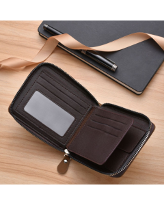 Men's Leather Wallet with Zipper and Horse Embossed Design, Multi-Card Bifold Wallet, Brown