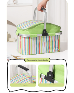27L Foldable Insulated Picnic Basket Cooler Bag with Aluminum Handles, Green Striped Thermal Hamper