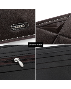 Men's PU Leather Bifold Wallet with Zipper Coin Pocket, Card Slots and ID Window, Dark Brown