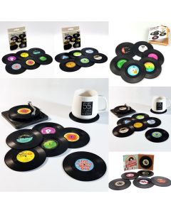 6 Pack Vinyl Record Drink Coasters with Record Player Holder, Retro Cup Mats, 10.5 cm