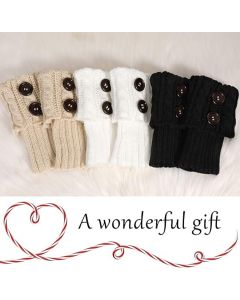 3 Pair Knitted Leg Warmers Button Cable Knit Black Beige White