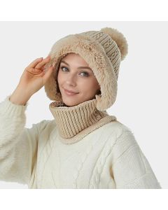 Beanie and Neck Warmer Set Knitted Winter Hat with Pom Pom Light Khaki, One Size