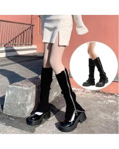 Knitted Leg Warmers Over the Knee Boot Socks with Zipper Black