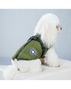 Army Green Winter Waterproof Dog Jacket with Built-in Harness, Warm Padded Cotton Vest for Small and Medium Breeds, Size S with Reflective Safety Strips