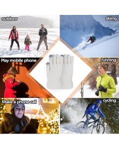 White Thermal Knitted Wool Touchscreen Mittens for Women with Fleece Lining, Thumb and Index Finger Compatibility for Smartphone and Tablet Use in Winter