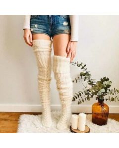 White Warm Knitted Knee High and Thigh High Socks, Super Soft Wool Blend 75 cm Length, Machine Washable Perfect for Autumn Winter with Skirts and Dresses