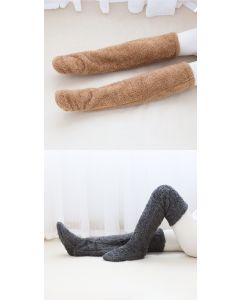 Navy Grey Over Knee High Fuzzy Plush Teddy Slipper Socks for Women, Open Toe Non-Slip Extra Long 55 cm for Warmth Indoors Outdoors, Perfect Gift for Christmas