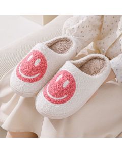 Pink Smiley Face Slippers for Women, Cute Emoji Design with Non-Slip TPR Rubber Sole, Soft Faux Fur Thick Fleece Lining for Warmth Size 38-39