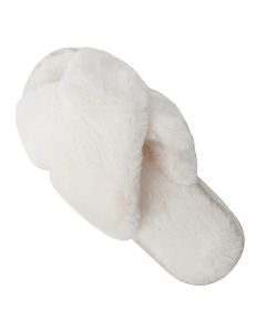White Cross Strap Fluffy Open Toe Slippers for Women, Memory Foam Cushion Non-Slip Sole, Soft Plush Home Shoes Indoor Outdoor Size M