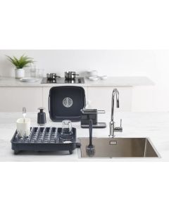 Sink storage/organizer with integrated drain, holder for sponge, brush, detergent and dishcloth, removable, regular size, Gray, Grey Finish