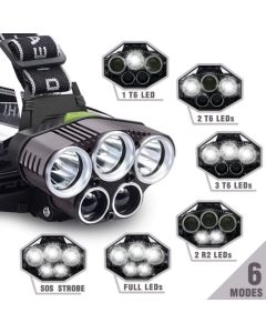 Rechargeable Headlamp 5 LED USB Head Torch 6 Modes Black