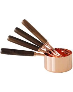 Copper Stainless Steel Measuring Cups and Spoons Set of 8, Wooden Handle Metric Cups and Spoons for cooking and baking