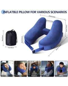 Neck Pillow for Travel Inflatable Airplane Pillow Comfortably Supports Head, Neck and Chin, Inflatable Travel Pillow with Soft Velour Cover and Portable Drawstring Bag (Blue)