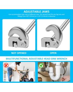 11.7" Basin Wrench, Sink Wrench, Adjustable Tap Nut Spanner Basin Spanner, Capacity of 3/8" to 1-1/4" for Fixing Back and Union Nuts Under Sink