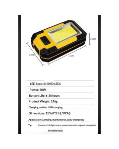 LED Work Light Rechargeable, Magnetic COB Portable Worklights, 30w Lumens, Job Site Lighting for Car Repairing,Camping,Hunting (Yellow)