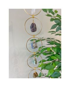 7 Chakra Crystal Hanging Ornament, Unique, Spiritual Boho Wall Decor, Raw Chakra Stones Amethyst Suncatcher, Rose Quartz Crystal (Gold)
