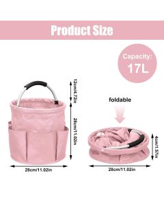 17L portable shower bucket with 6 side pockets, foldable cleaning cart with handle, multifunctional storage basket for showering and picnicking, pink