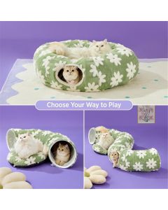 Cat Tunnel Bed for Indoor Cats - Cute Cat Donut Tunnel Toys for Small Large Cats with Washable Circle Cushion, Round Pet Peekaboo Cave Toy for Kitten/Puppy/Rabbit, Standard Flower Garden Green
