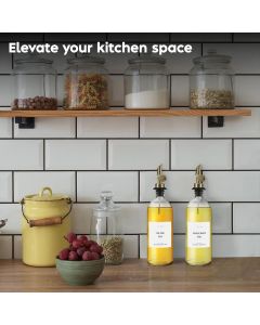 Olive Oil Dispenser Bottle - Includes  Kitchen Essential Labels - Cooking Oil Bottles for Kitchen, Coffee Syrup Dispenser - Pourer Spout with 16.9 fl oz Glass Container Cruet - 2pcs, Gold