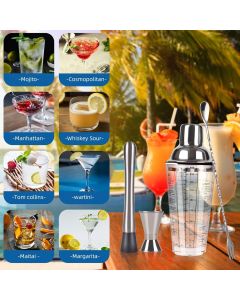 Cocktail Shaker Set, 14 oz Glass Mixing Cup with Measurements, Stainless Steel Martini Mixer, Muddler, Jigger, Spoon, 4 Piece Bar Tool Kit