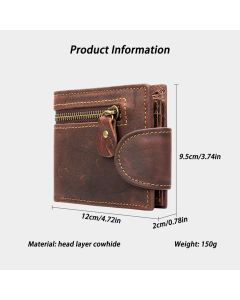 Leather Snap Wallet for Men, Multifunctional Large Capacity Vintage Wallet Bifold Zipper Wallet Men Short Head Cowhide Wallet (Brown)