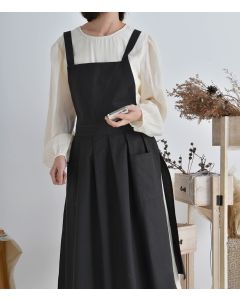 Vintage Cotton Pleated Pinafore Apron Dress with Side Ties, Midi Length, Casual Homeware Style（Black）