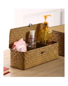 Seagrass Storage Basket with Lid Rectangular Small Woven Shelf Baskets with Sections for Organize Snack Toys Tampon（27*10*10.3cm）